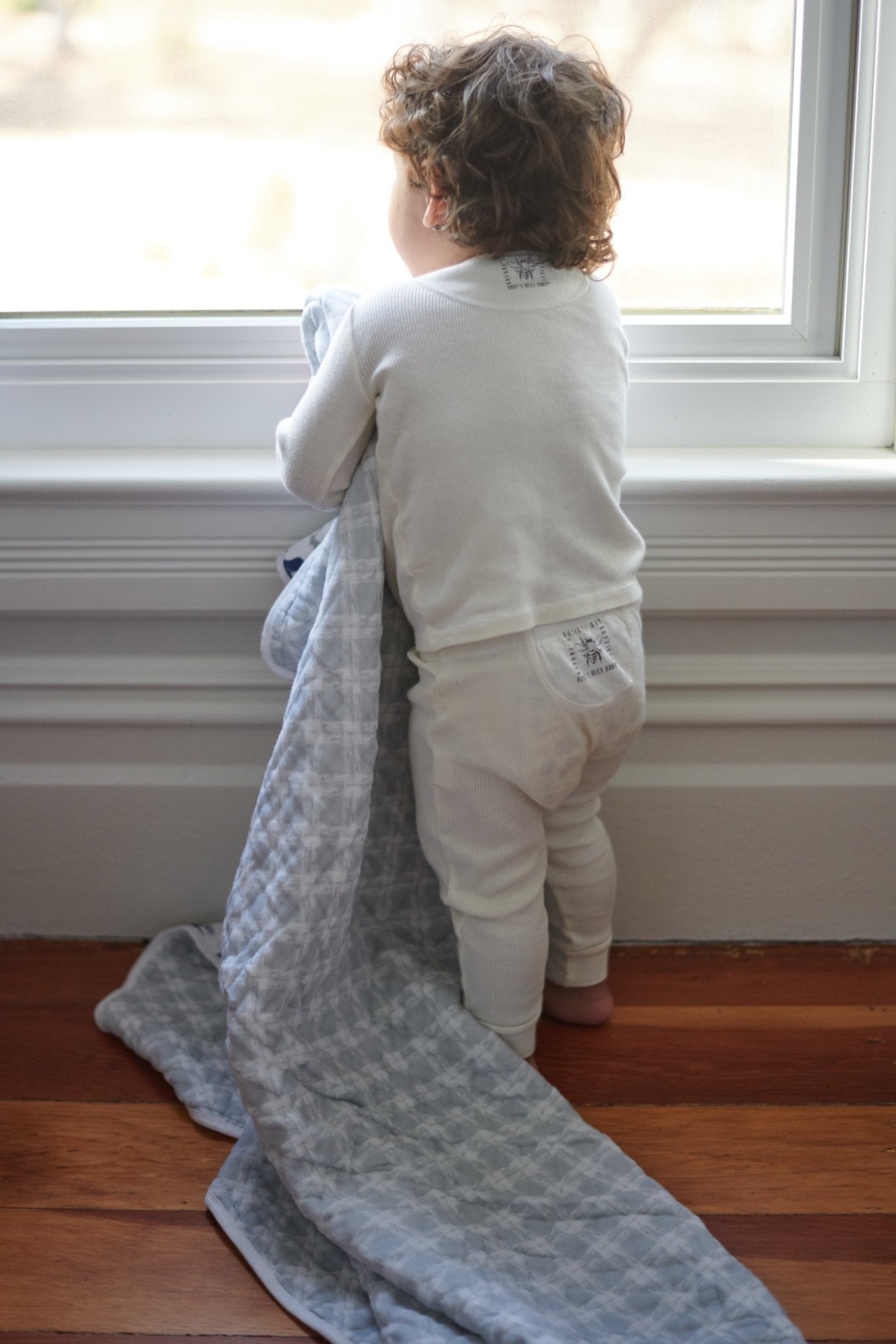 Blue Deer and Glacier Grey Plaid Cotton Muslin Newcastle Blanket, soft and cozy, perfect for kids.