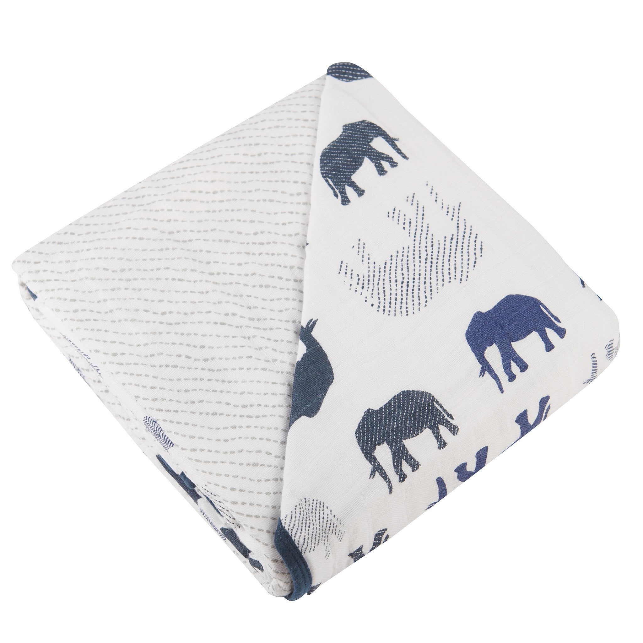 Blue Elephant and Spotted Wave Cotton Muslin Newcastle Blanket, featuring a soft and breathable design perfect for kids.