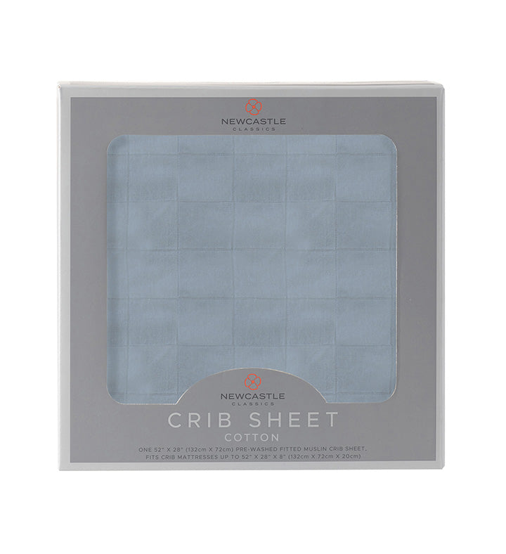 Blue Fog Newcastle Cotton Crib Sheet made from soft breathable cotton muslin, designed for standard crib mattresses.