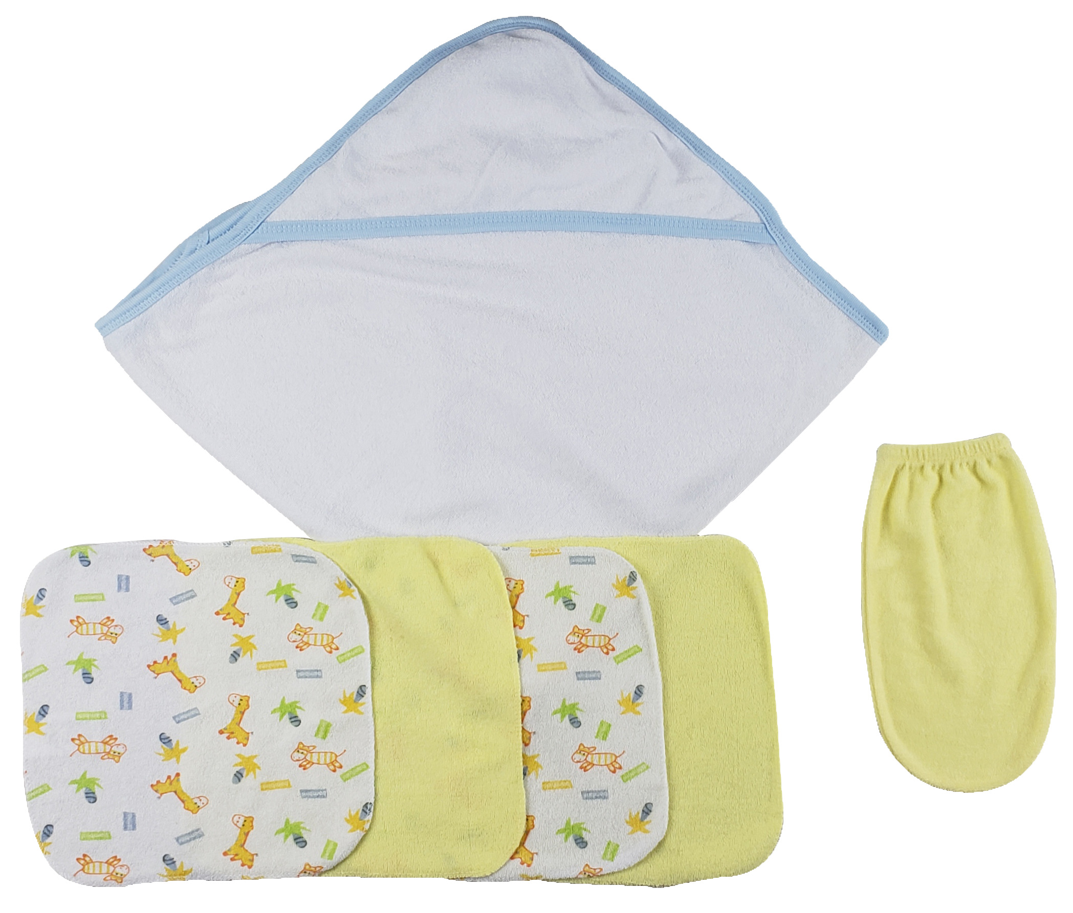 Blue Hooded Towel Set including a hooded towel, washcloths, and a washcloth mitten, all made from soft cotton fabric.