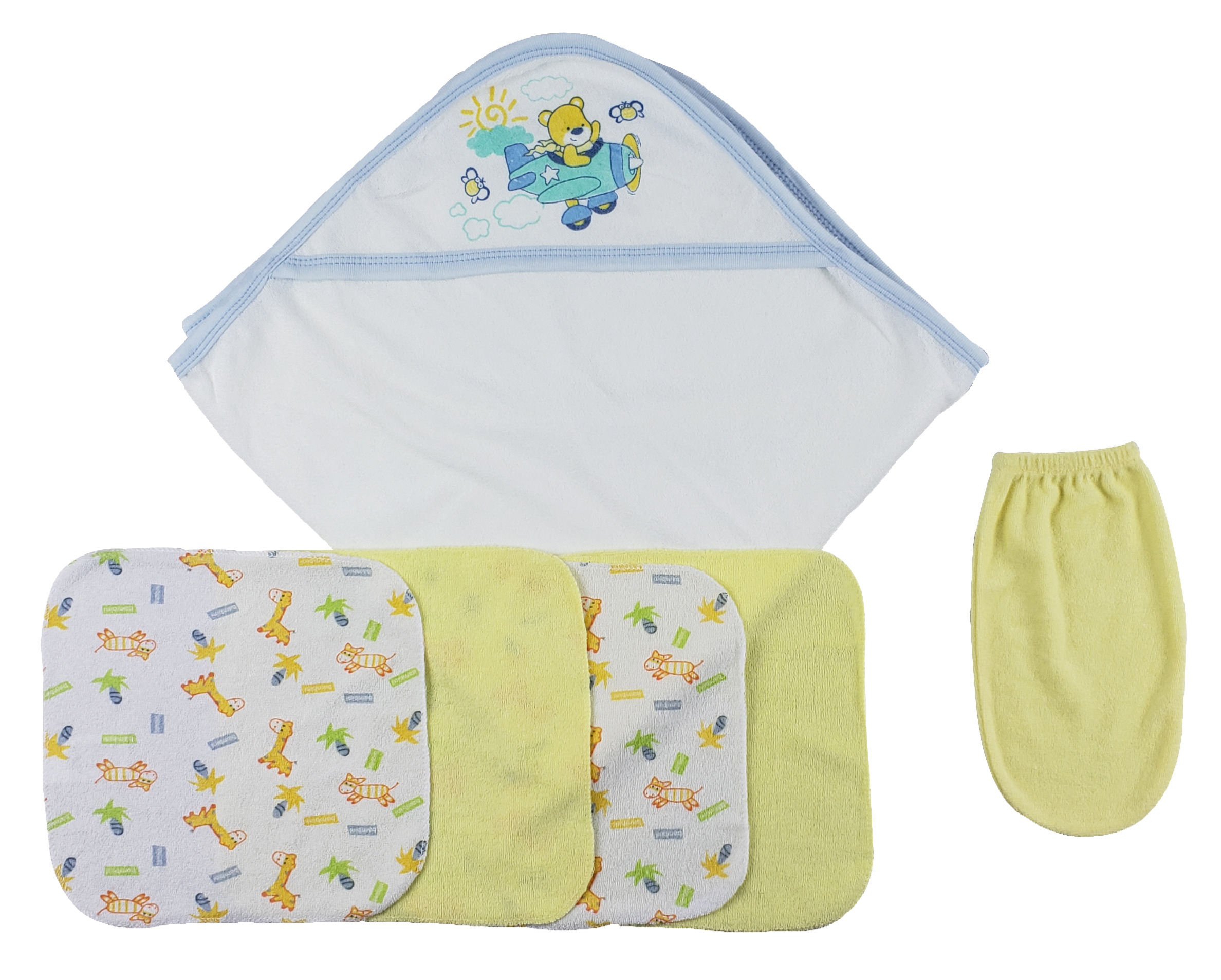 Blue Hooded Towel Set for newborns, featuring soft cotton fabric and adorable screen prints, includes washcloths and mitt.