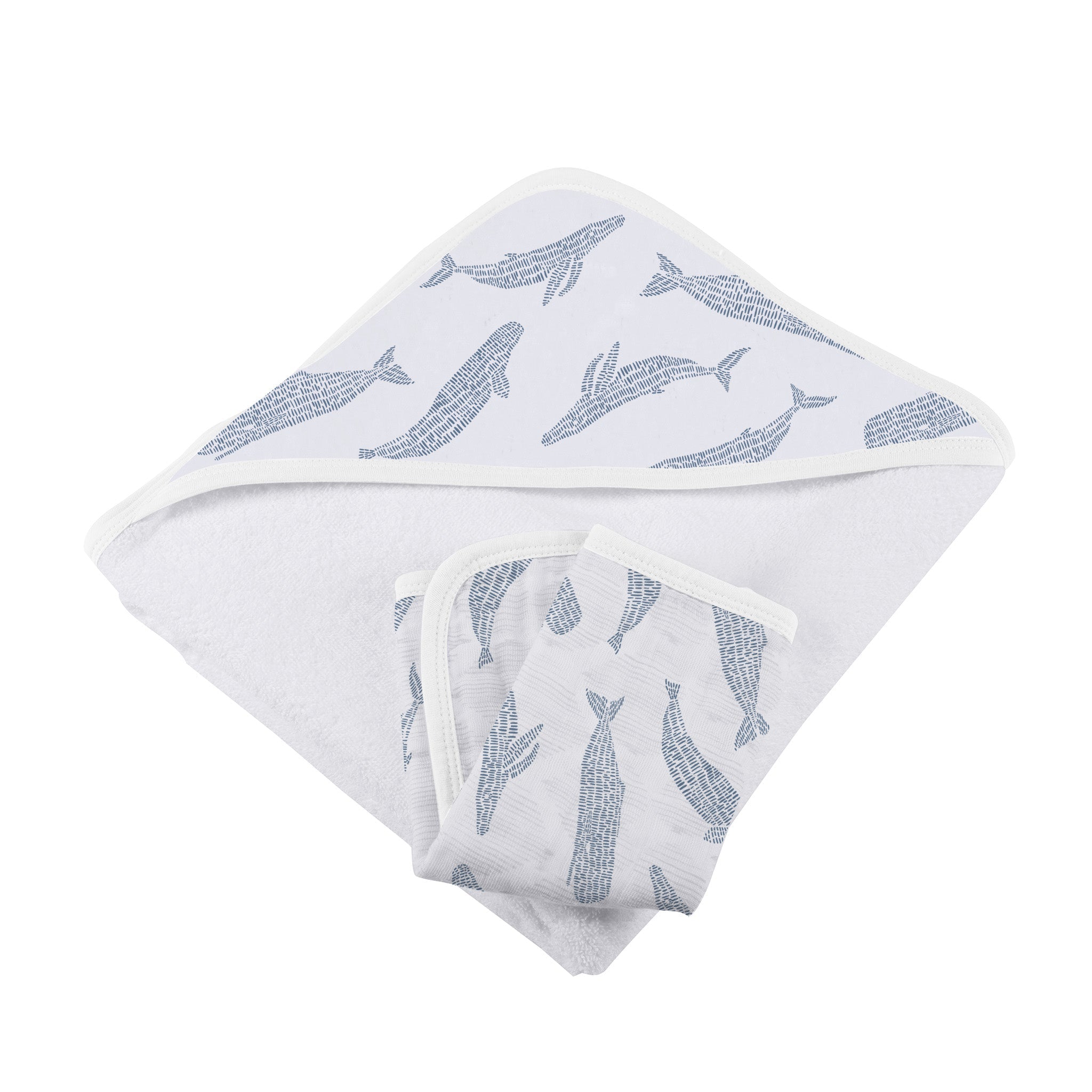 Blue Shadow Whales Bamboo Hooded Towel and Washcloth Set featuring soft bamboo muslin material with a cute whale design.