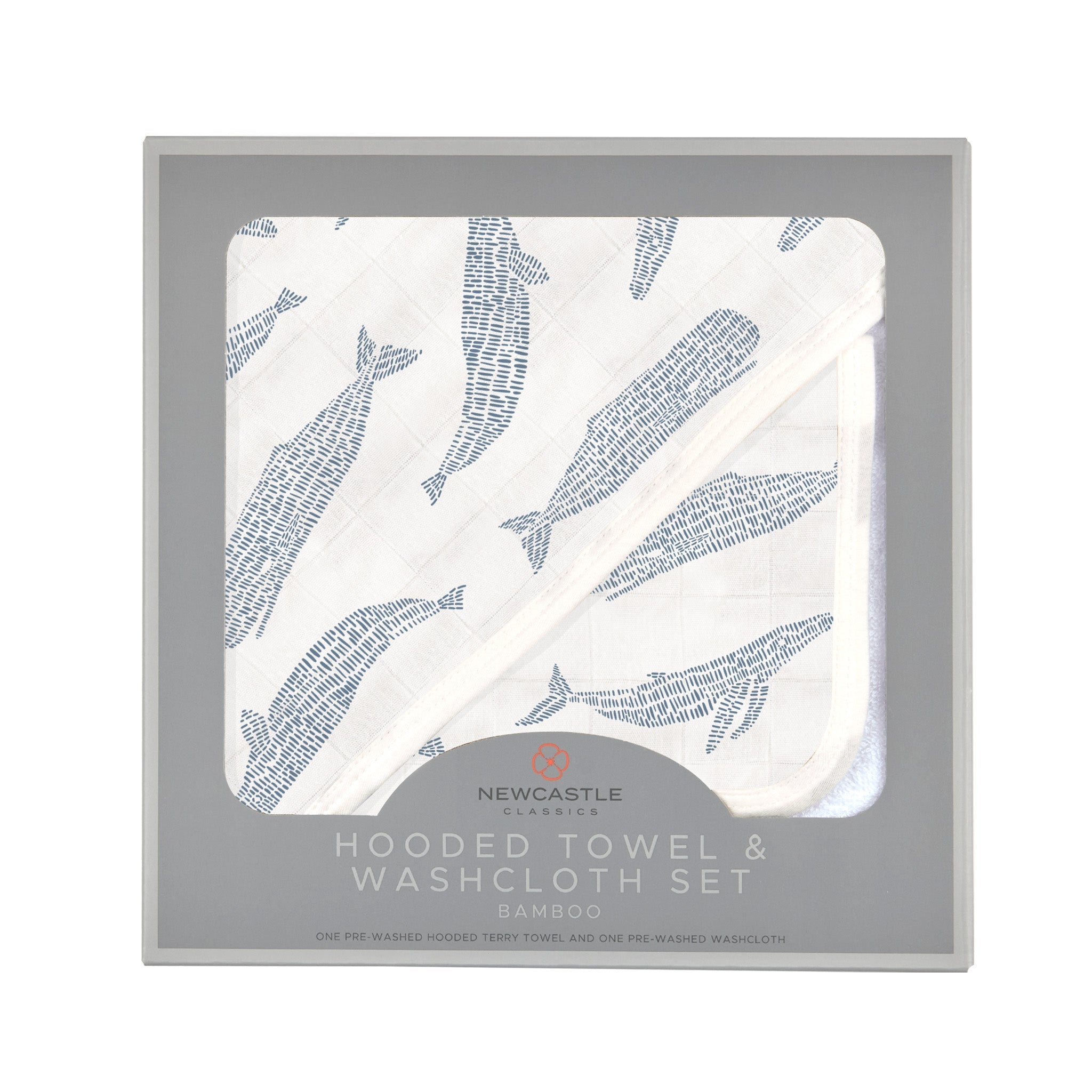 Blue Shadow Whales Bamboo Hooded Towel and Washcloth Set featuring soft bamboo muslin material with a cute whale design.