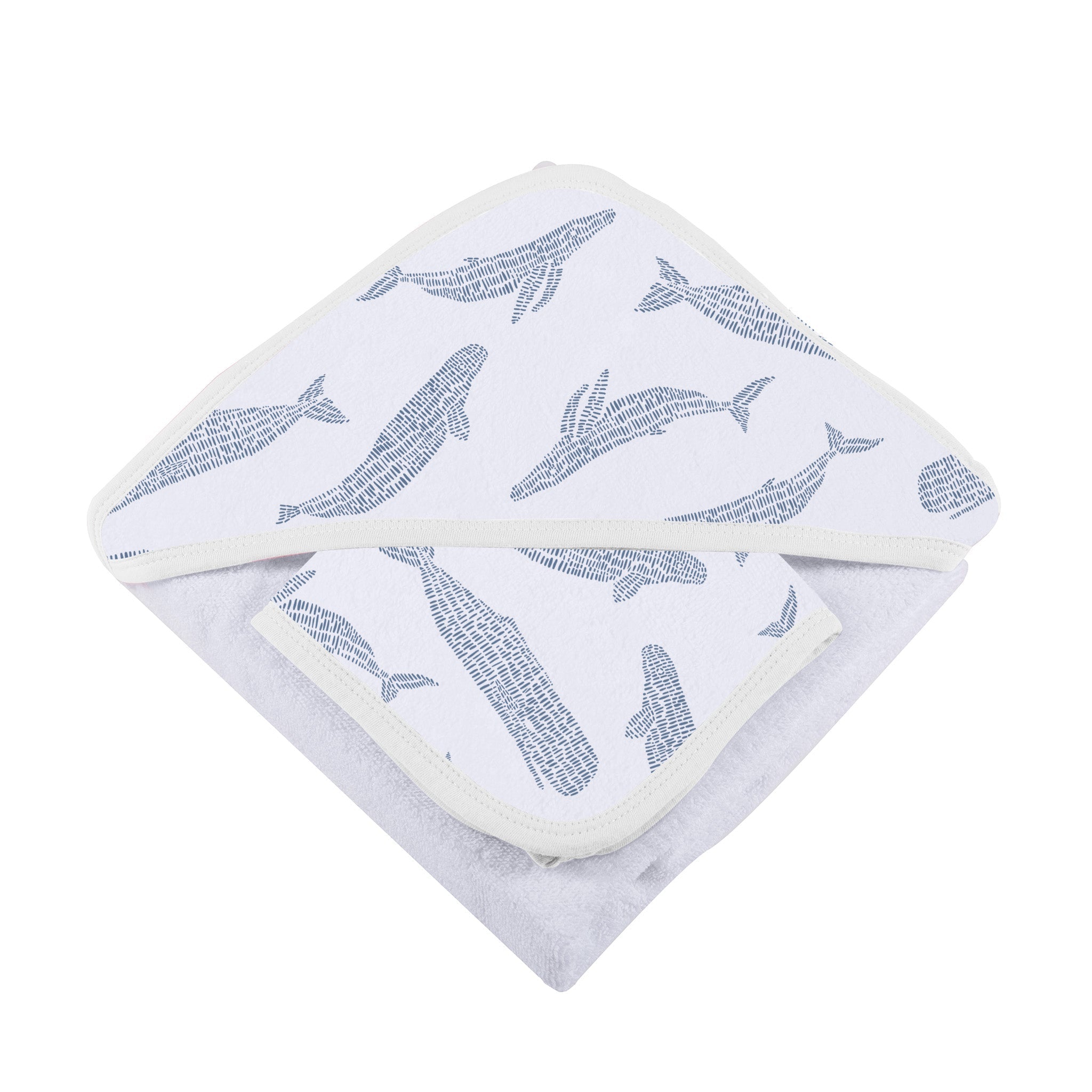 Blue Shadow Whales Bamboo Hooded Towel and Washcloth Set featuring soft bamboo muslin material with a cute whale design.