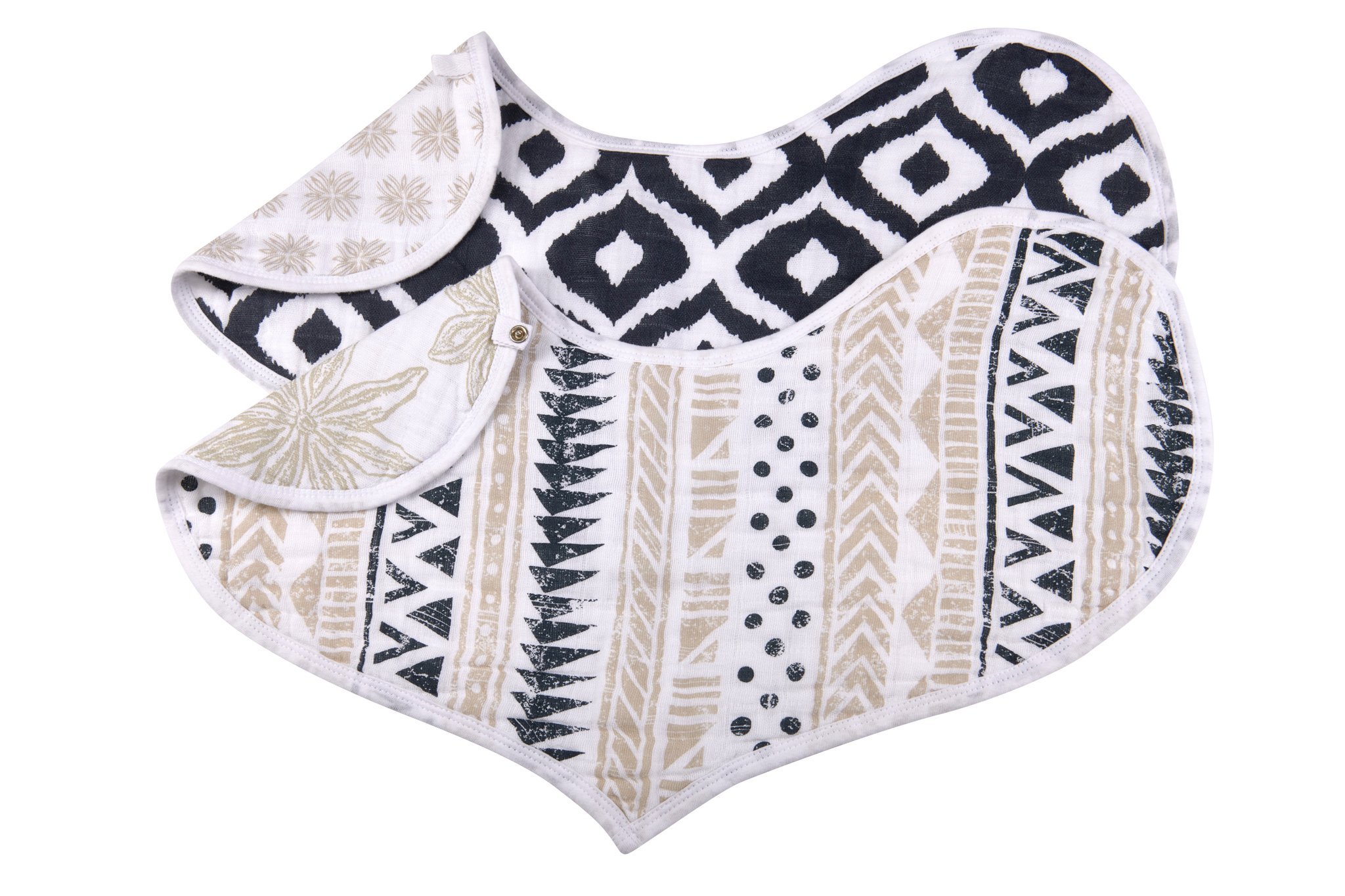 Two-pack of Boho Flower Heart Cotton Bibs featuring soft muslin fabric and multiple snap closures for a perfect fit.