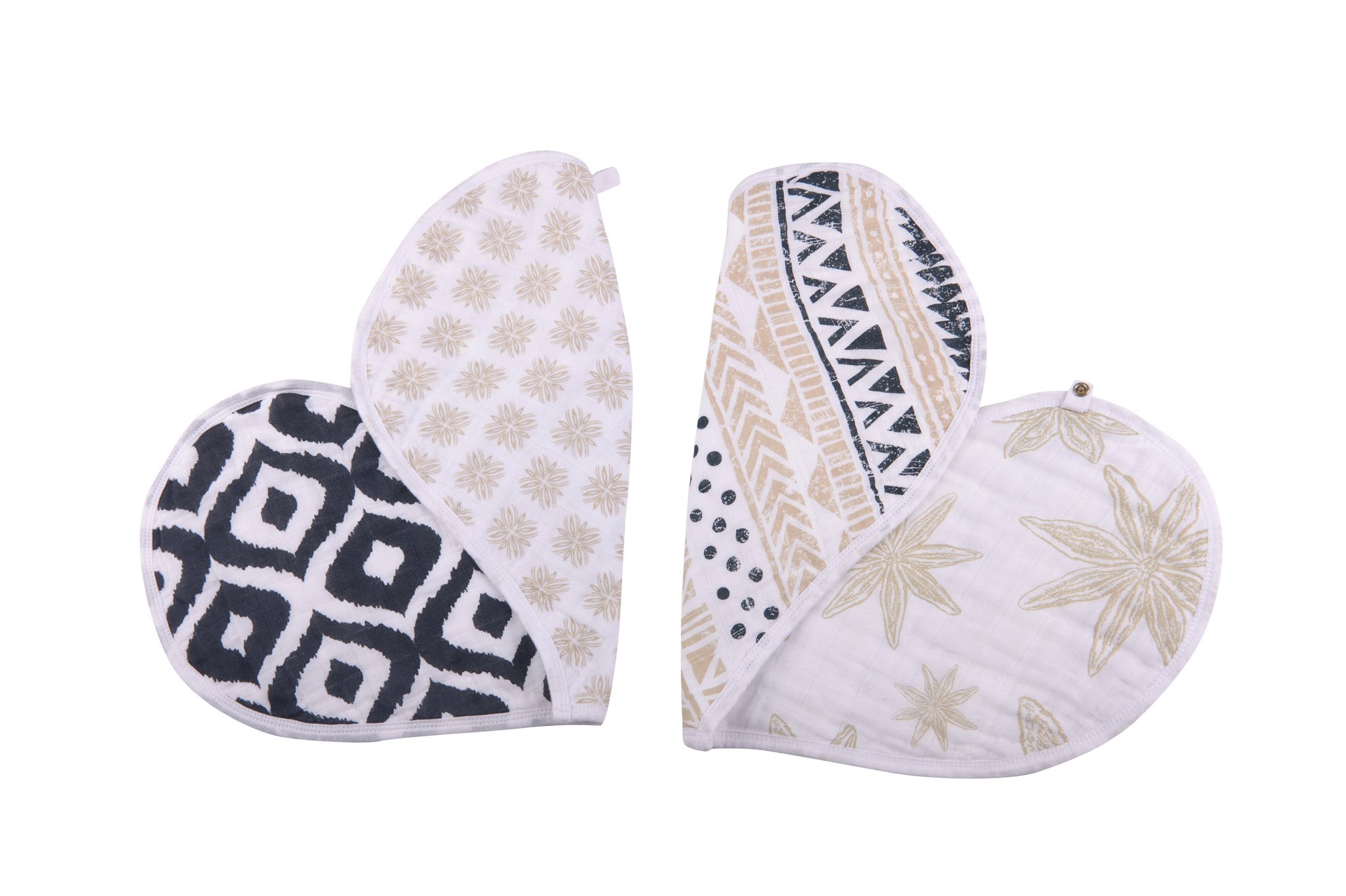Two-pack of Boho Flower Heart Cotton Bibs featuring soft muslin fabric and multiple snap closures for a perfect fit.