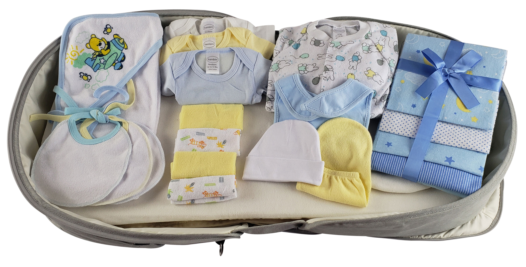 Boys 20 pc Baby Clothing Starter Set with Diaper Bag, featuring various baby essentials including clothing, blankets, and a portable changing table.