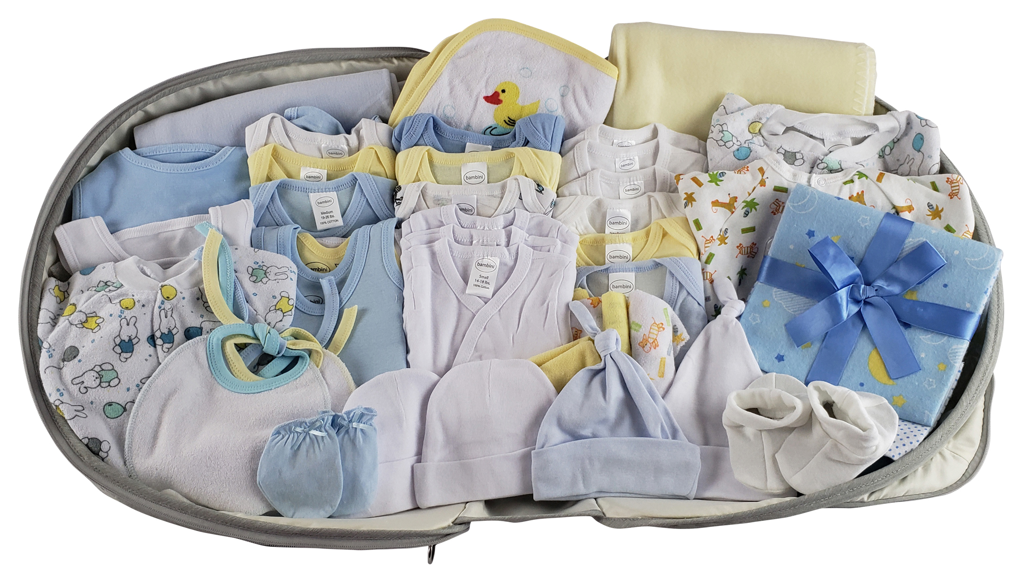 44 pc Baby Clothing Starter Set with Diaper Bag, featuring various baby clothing items and a portable changing table.