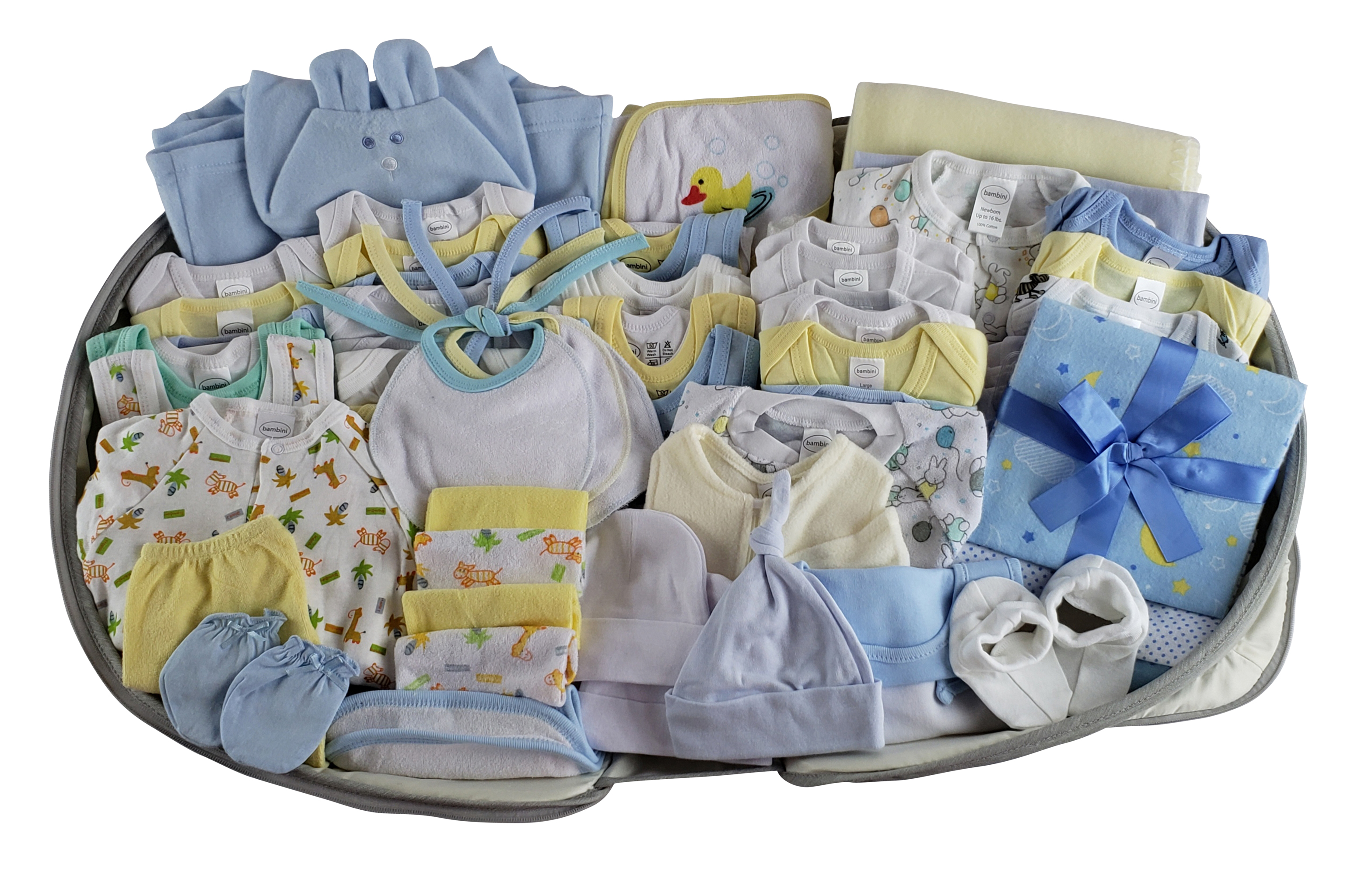 Boys 62 pc Baby Clothing Starter Set with Diaper Bag, featuring various clothing items and a portable changing table.