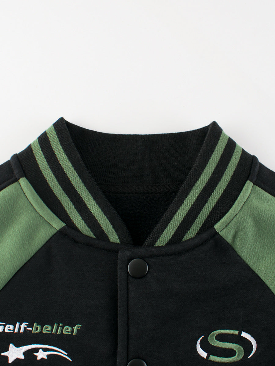 Boys and Girls outfit featuring a vibrant green color with letters and stars printed design, made from cotton and polyester.