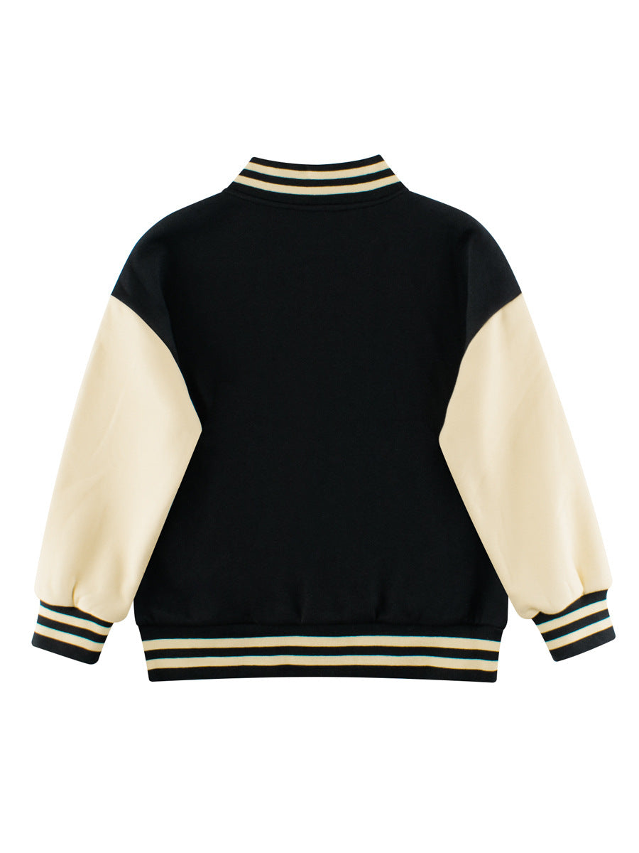 Boys and Girls Letters Pattern Contrast Design Single Breasted jacket in black, showcasing stylish letters pattern and classic cut.