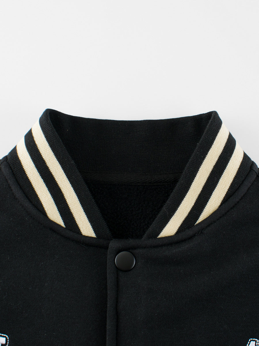 Boys and Girls Letters Pattern Contrast Design Single Breasted jacket in black, showcasing stylish letters pattern and classic cut.