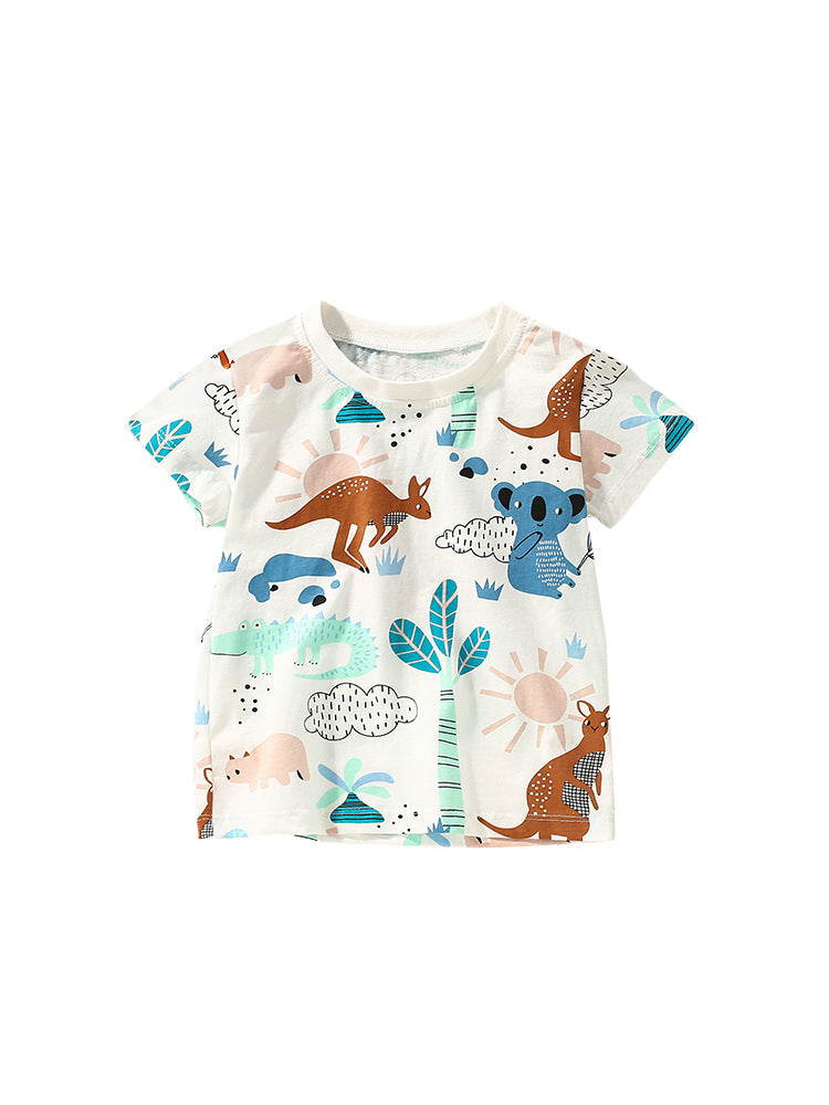 Boys’ Animals Cartoon Pattern Short Sleeves T-Shirt in white, featuring playful animal designs, perfect for summer wear.