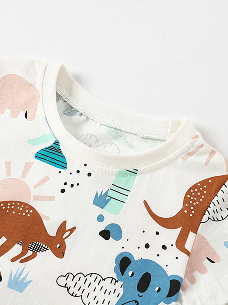 Boys’ Animals Cartoon Pattern Short Sleeves T-Shirt in white, featuring playful animal designs, perfect for summer wear.