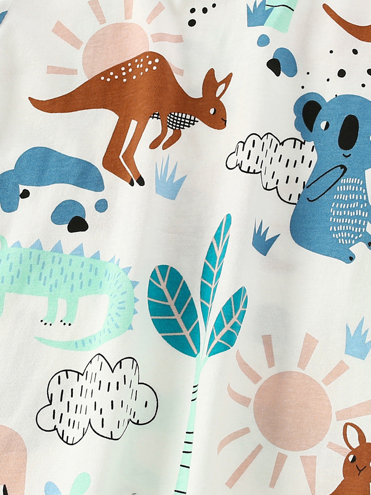 Boys’ Animals Cartoon Pattern Short Sleeves T-Shirt in white, featuring playful animal designs, perfect for summer wear.
