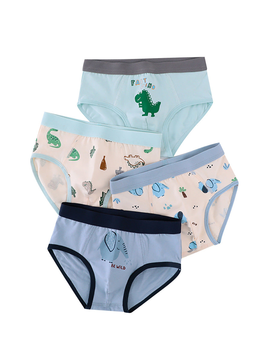 Boys' cartoon printed briefs in blue featuring fun animal designs, made from breathable cotton blend material.