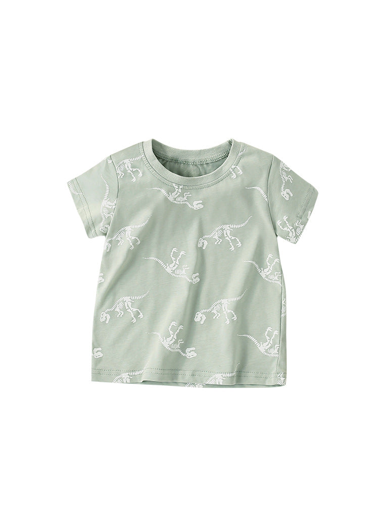 Boys' green short sleeves t-shirt featuring a playful bony dinosaur cartoon pattern, perfect for summer wear.