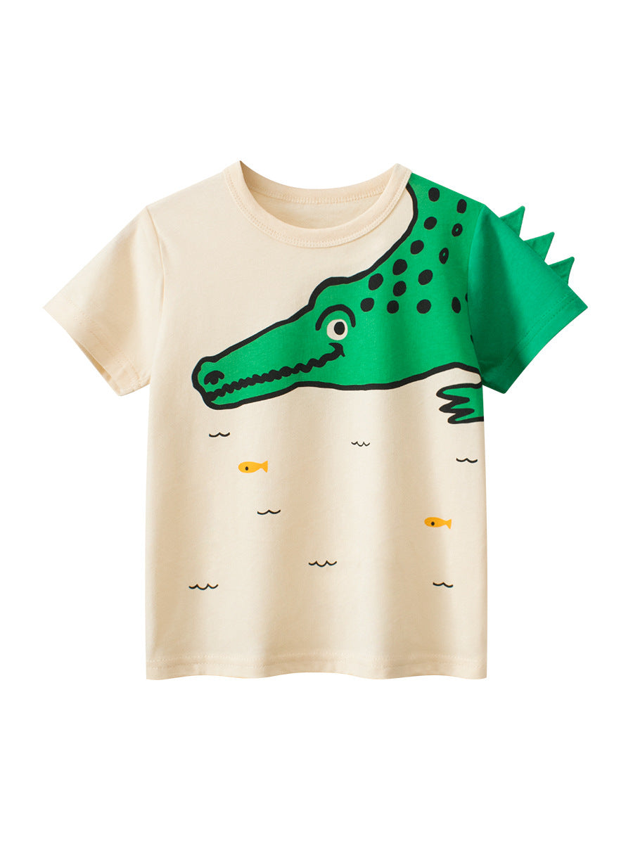 Boys’ Cartoon Alligator Print T-Shirt in apricot color, featuring a playful alligator design, made from soft cotton fabric.