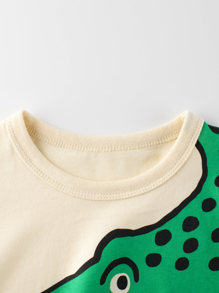 Boys’ Cartoon Alligator Print T-Shirt in apricot color, featuring a playful alligator design, made from soft cotton fabric.