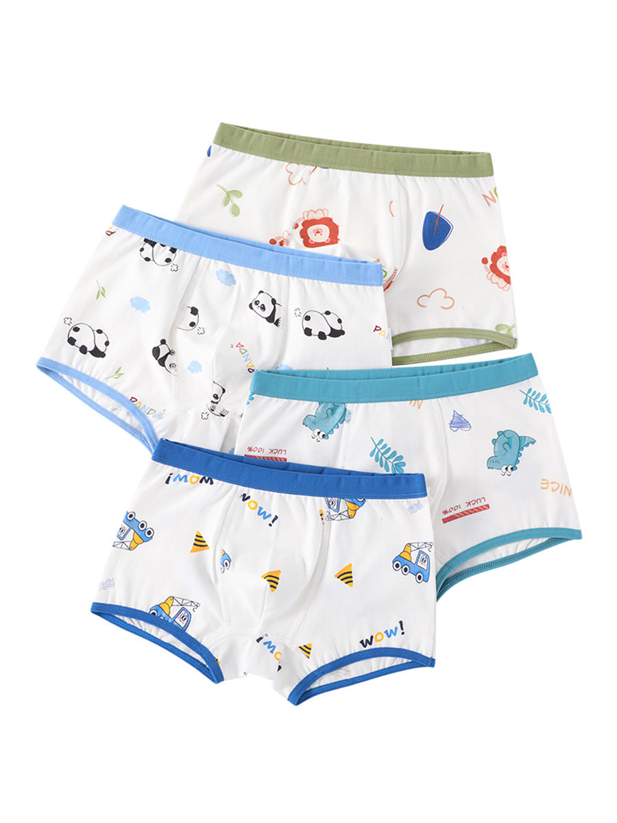 Boys' cartoon and striped printed boxer shorts in various colors and patterns, made from breathable cotton blend material.