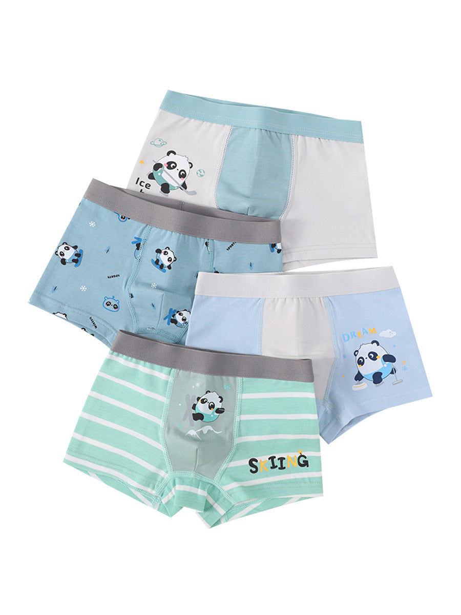 Boys' cartoon and striped printed boxer shorts in various colors and patterns, made from breathable cotton blend material.