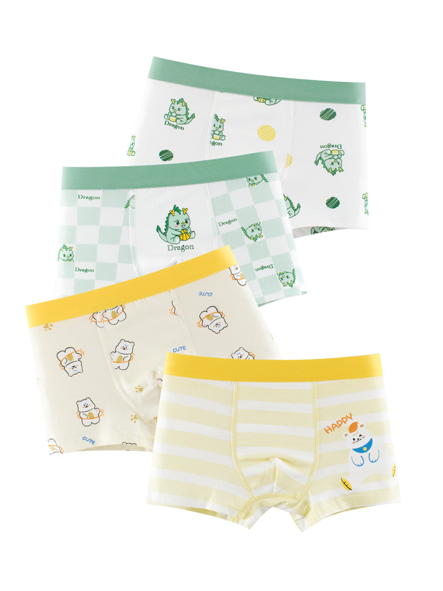 Boys' cartoon and striped printed boxer shorts in various colors and patterns, made from breathable cotton blend material.