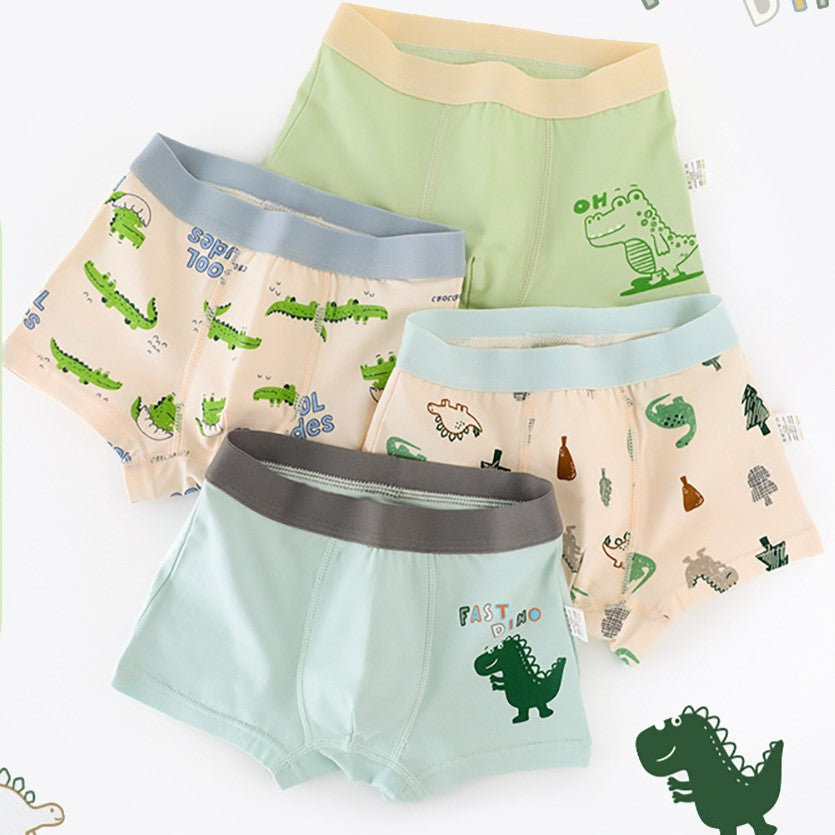 Boys' cartoon and striped printed boxer shorts in various colors and patterns, made from breathable cotton blend material.