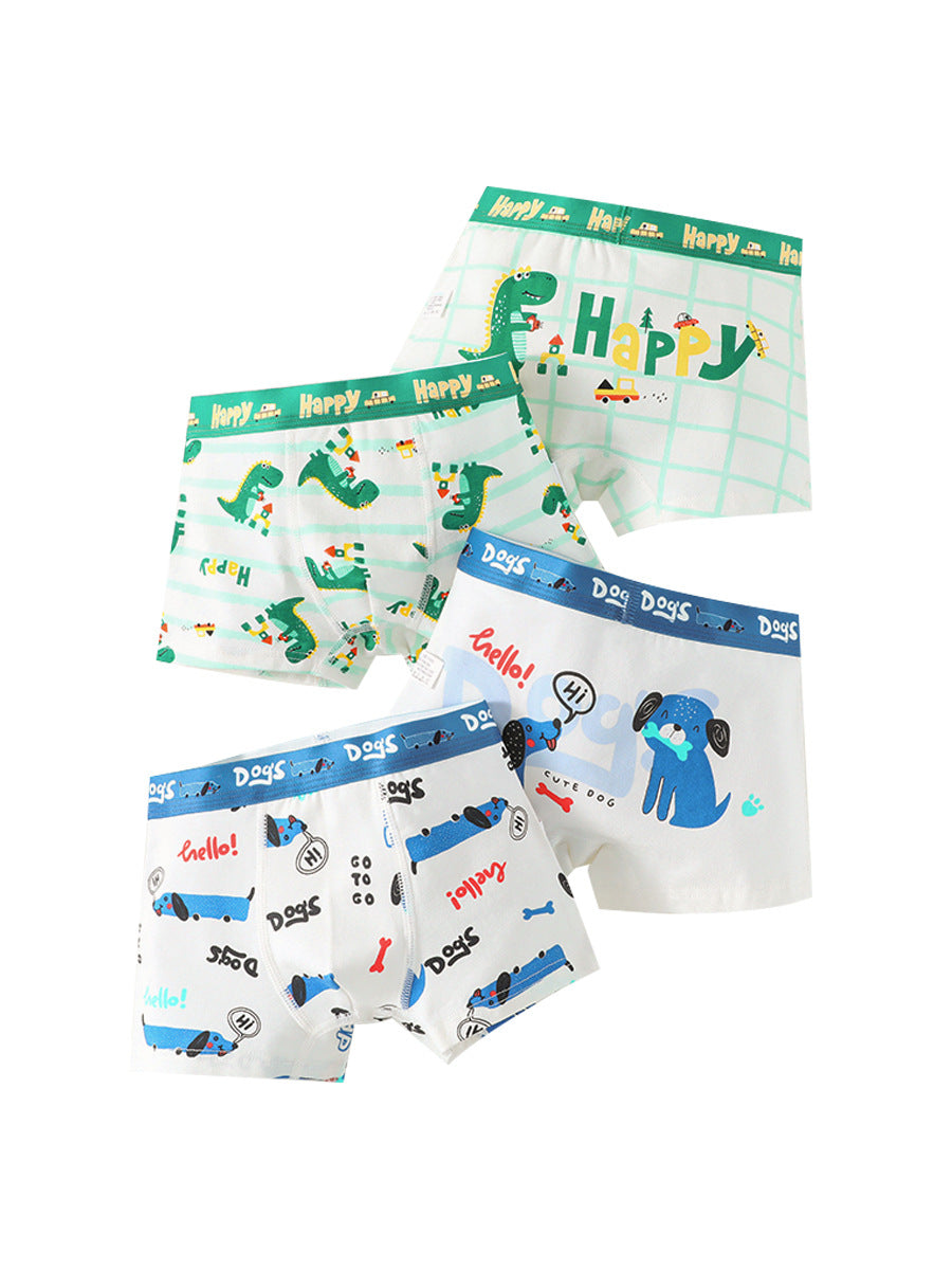 Boys' cartoon and striped printed boxer shorts in various colors and patterns, made from breathable cotton blend material.