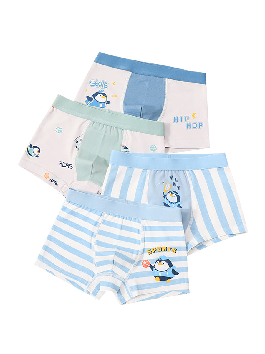 Boys' cartoon and striped printed boxer shorts in various colors and patterns, made from breathable cotton blend material.