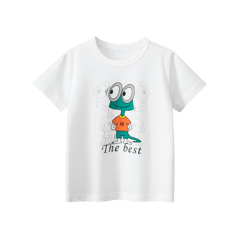 Boys’ Cartoon Animals Pattern T-Shirt featuring playful animal designs in white cotton fabric, perfect for summer wear.