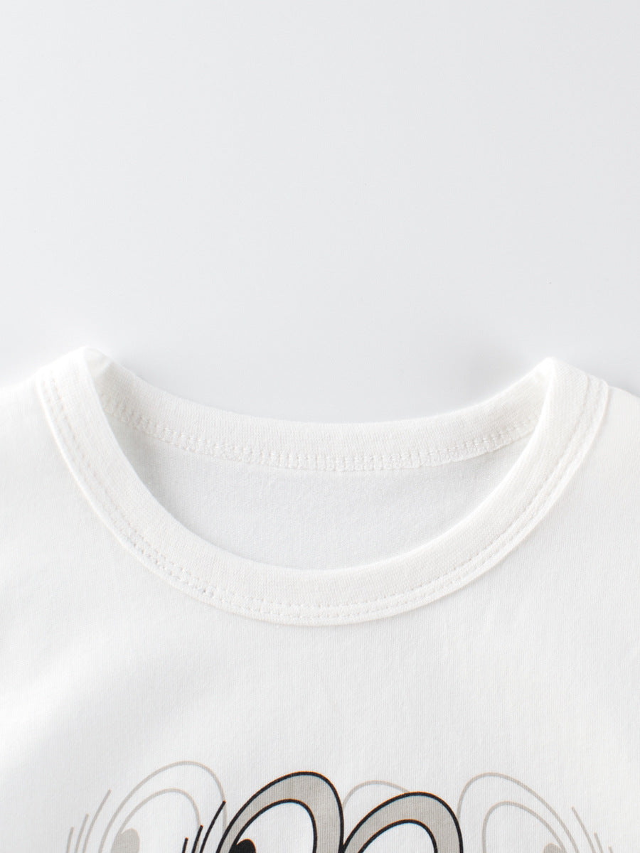 Boys’ Cartoon Animals Pattern T-Shirt featuring playful animal designs in white cotton fabric, perfect for summer wear.