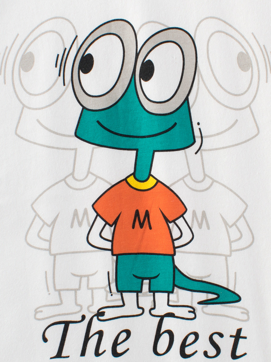 Boys’ Cartoon Animals Pattern T-Shirt featuring playful animal designs in white cotton fabric, perfect for summer wear.