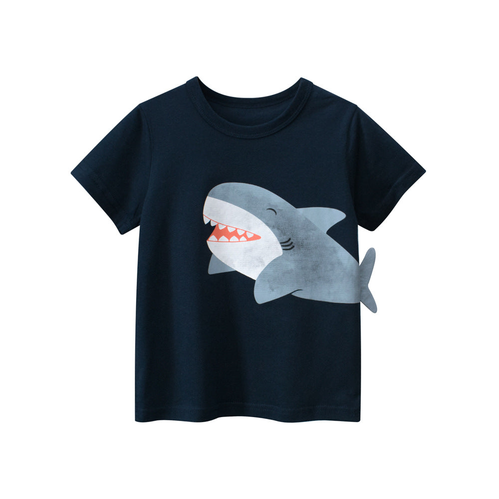 Boys' navy blue t-shirt featuring a playful Baby Shark cartoon pattern, perfect for summer wear.