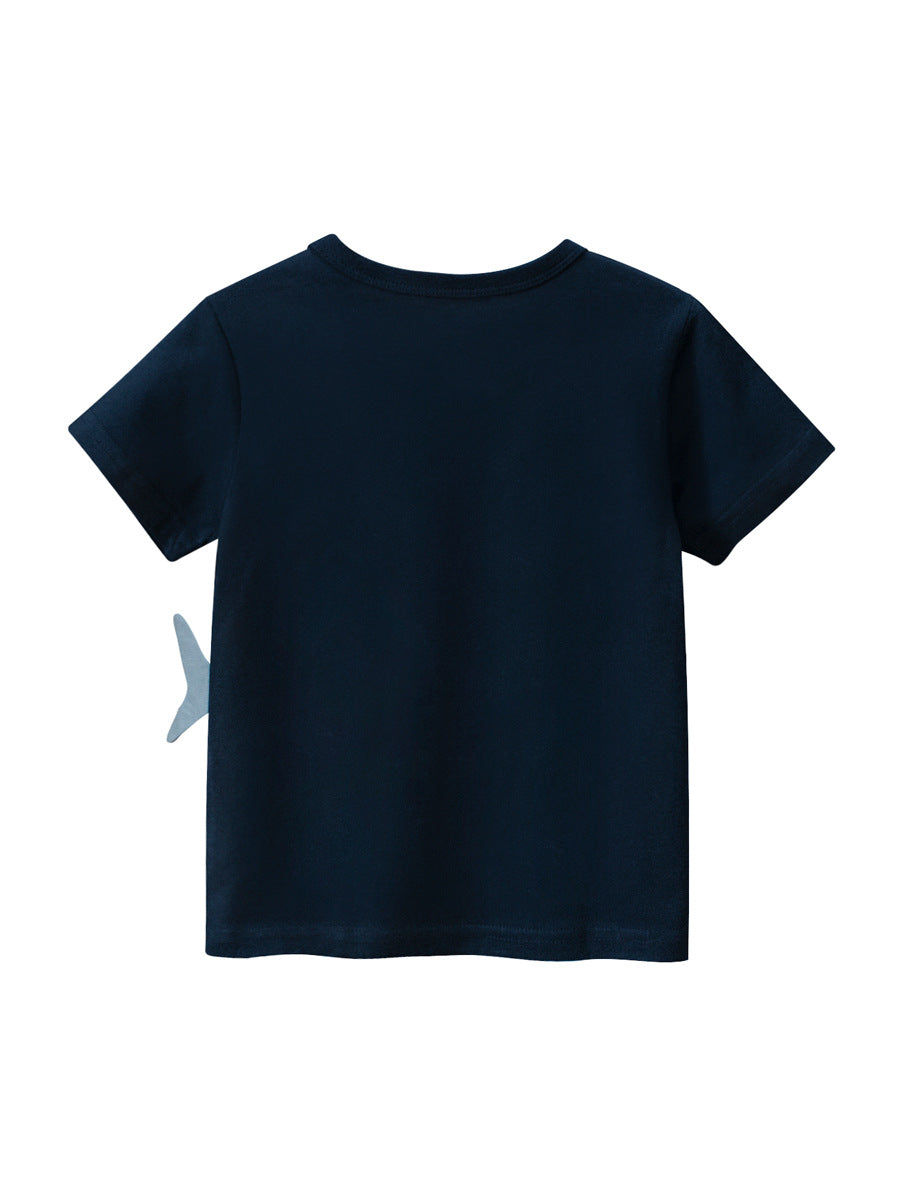 Boys' navy blue t-shirt featuring a playful Baby Shark cartoon pattern, perfect for summer wear.