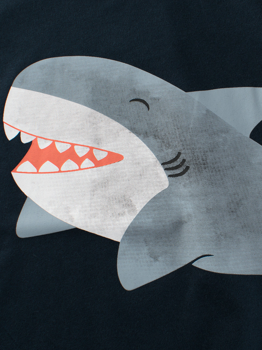 Boys' navy blue t-shirt featuring a playful Baby Shark cartoon pattern, perfect for summer wear.