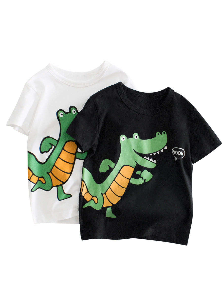 Boys’ Cartoon Crocodile Pattern T-Shirt in white and black, featuring a playful crocodile design, perfect for summer wear.