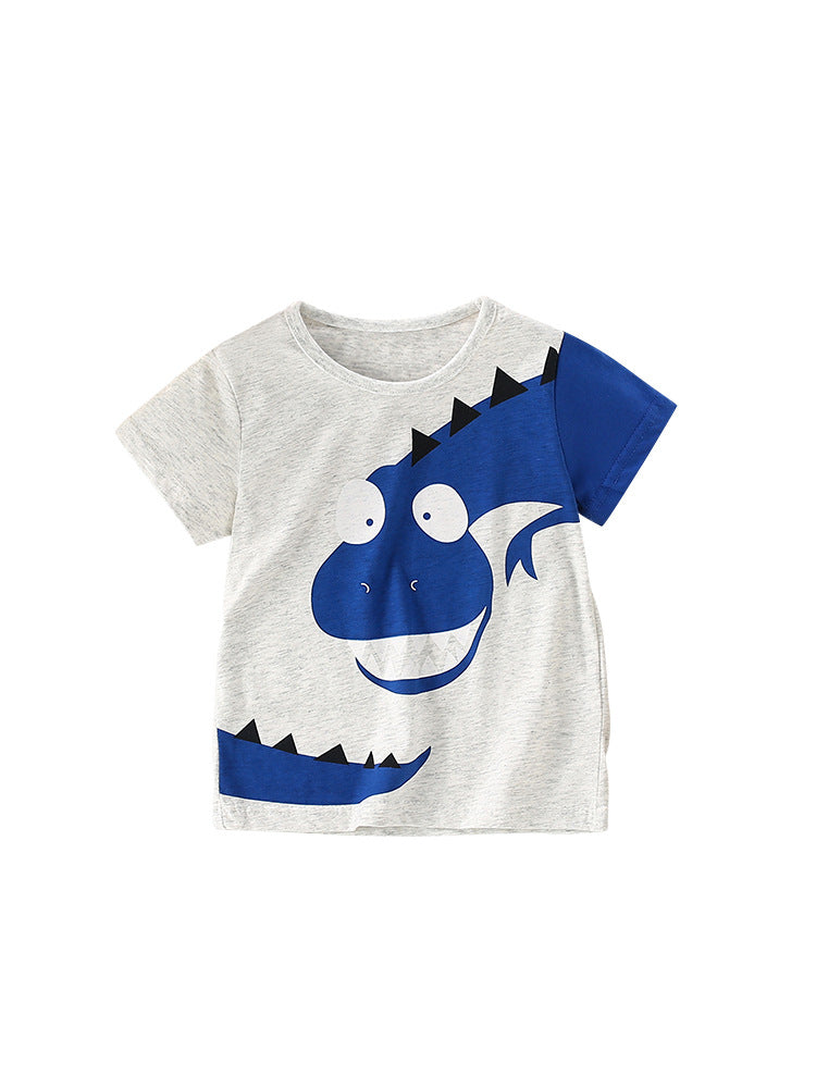 Boys’ Cartoon Dinosaur Design Short Sleeves T-Shirt in grey, featuring a playful dinosaur print, perfect for summer wear.