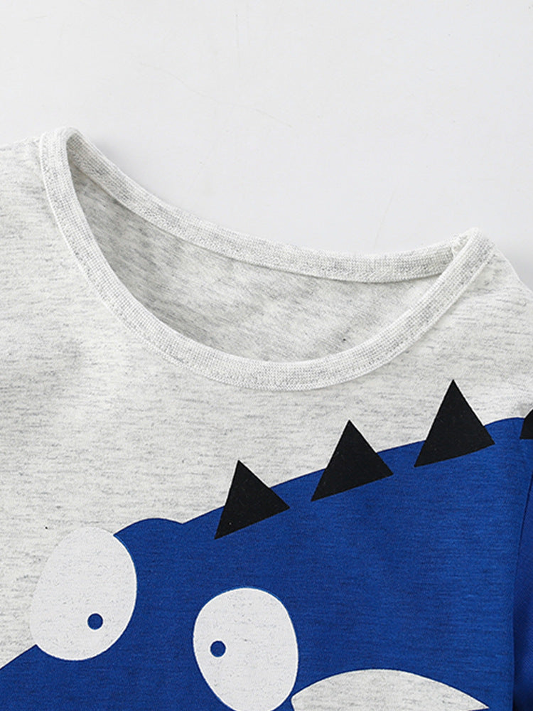 Boys’ Cartoon Dinosaur Design Short Sleeves T-Shirt in grey, featuring a playful dinosaur print, perfect for summer wear.