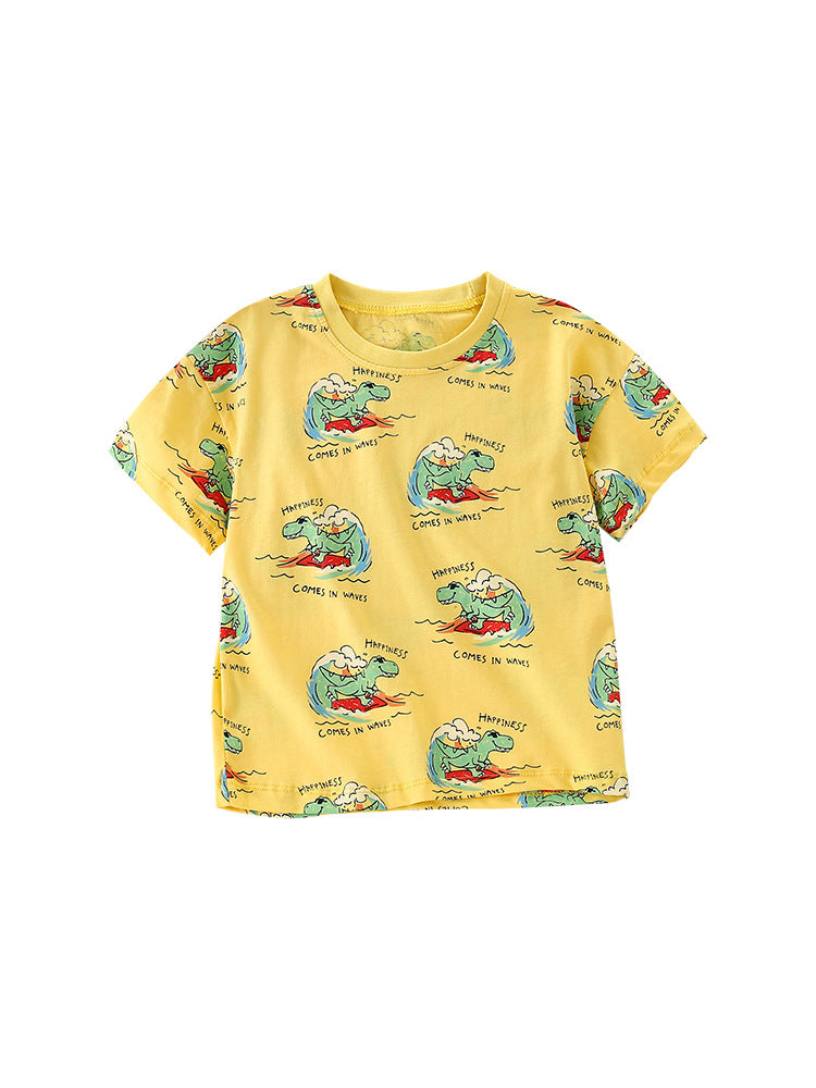 Boys' yellow short sleeves t-shirt featuring a cartoon dinosaur pattern, perfect for summer wear.