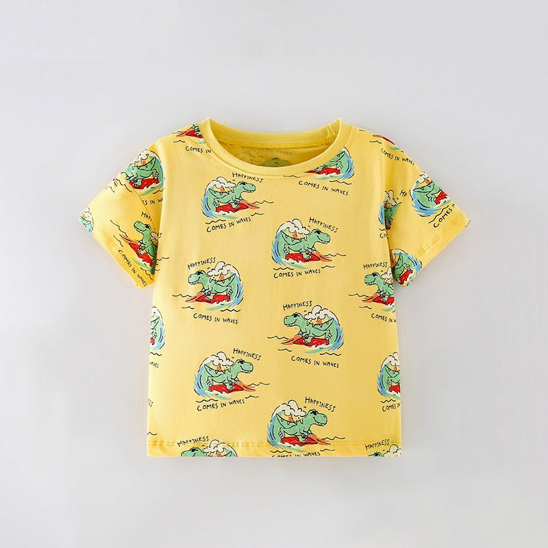 Boys' yellow short sleeves t-shirt featuring a cartoon dinosaur pattern, perfect for summer wear.