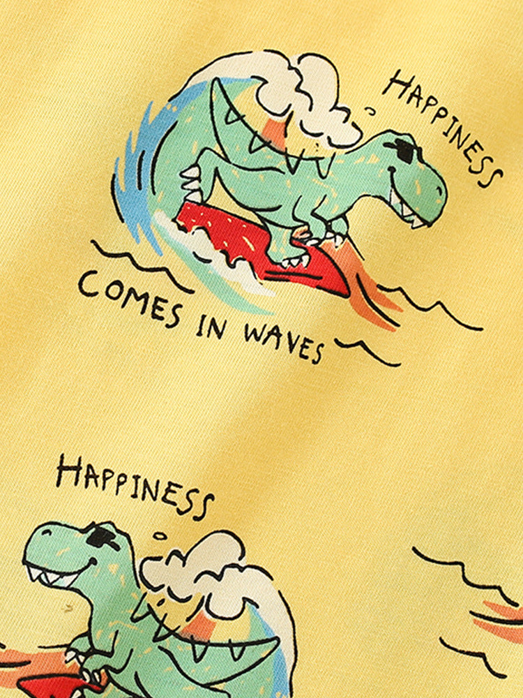 Boys' yellow short sleeves t-shirt featuring a cartoon dinosaur pattern, perfect for summer wear.