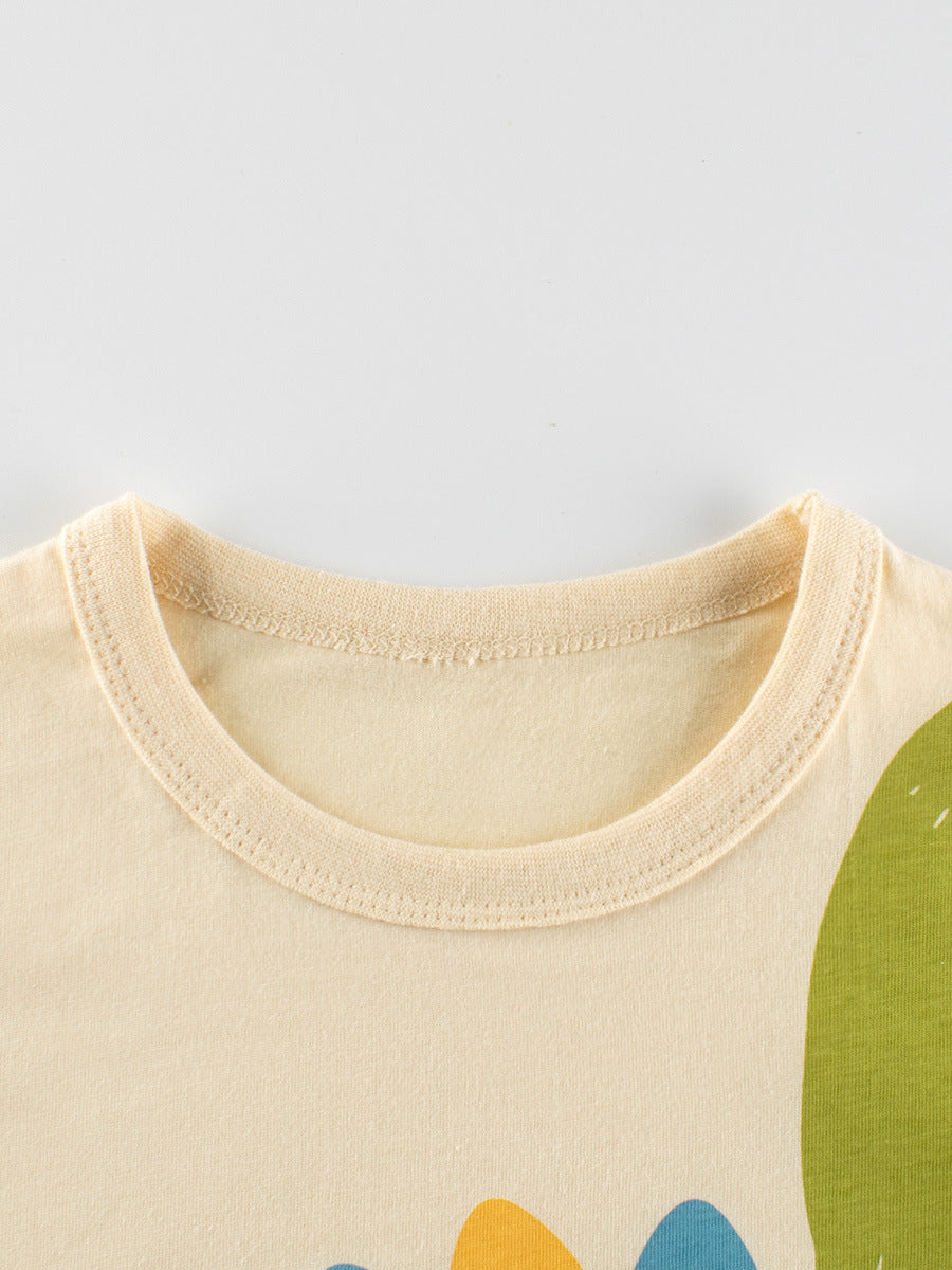 Boys’ Cartoon Dinosaur Print T-Shirt in apricot color, made of soft cotton, featuring a playful dinosaur design.