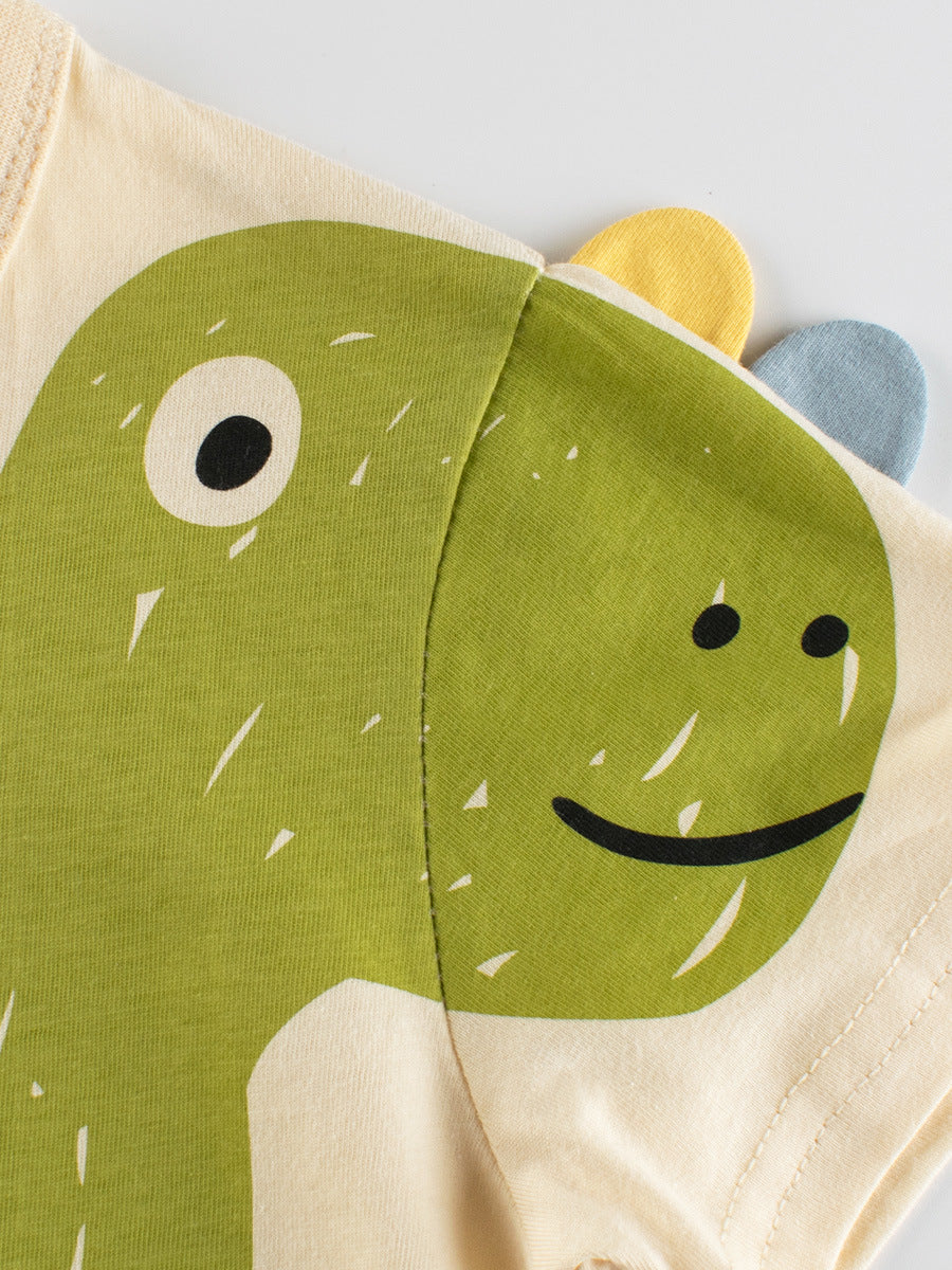 Boys’ Cartoon Dinosaur Print T-Shirt in apricot color, made of soft cotton, featuring a playful dinosaur design.