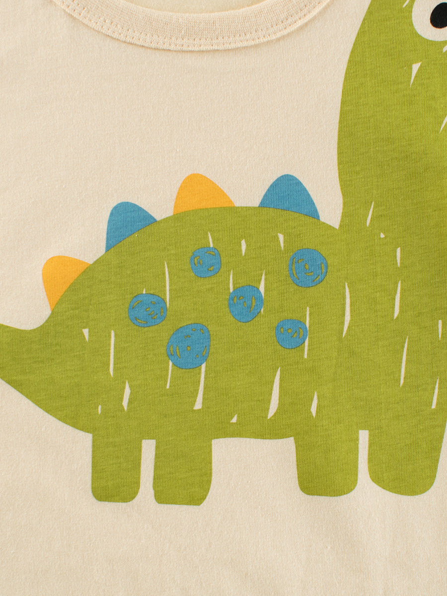 Boys’ Cartoon Dinosaur Print T-Shirt in apricot color, made of soft cotton, featuring a playful dinosaur design.