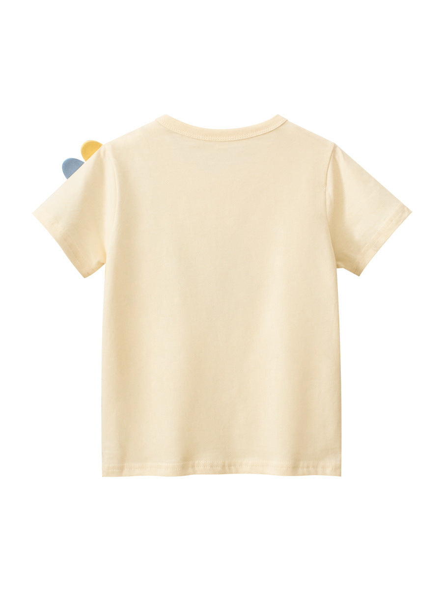 Boys’ Cartoon Dinosaur Print T-Shirt in apricot color, made of soft cotton, featuring a playful dinosaur design.