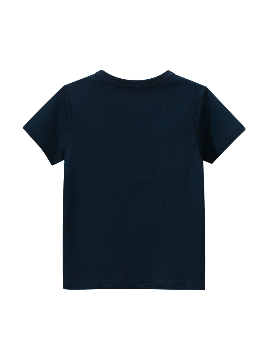 Boys' navy blue t-shirt featuring a cartoon excavator print, perfect for summer wear.