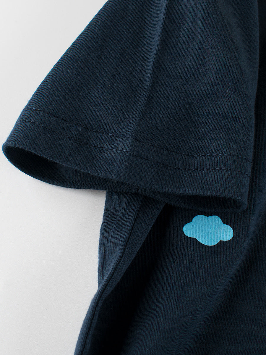 Boys' navy blue t-shirt featuring a cartoon excavator print, perfect for summer wear.