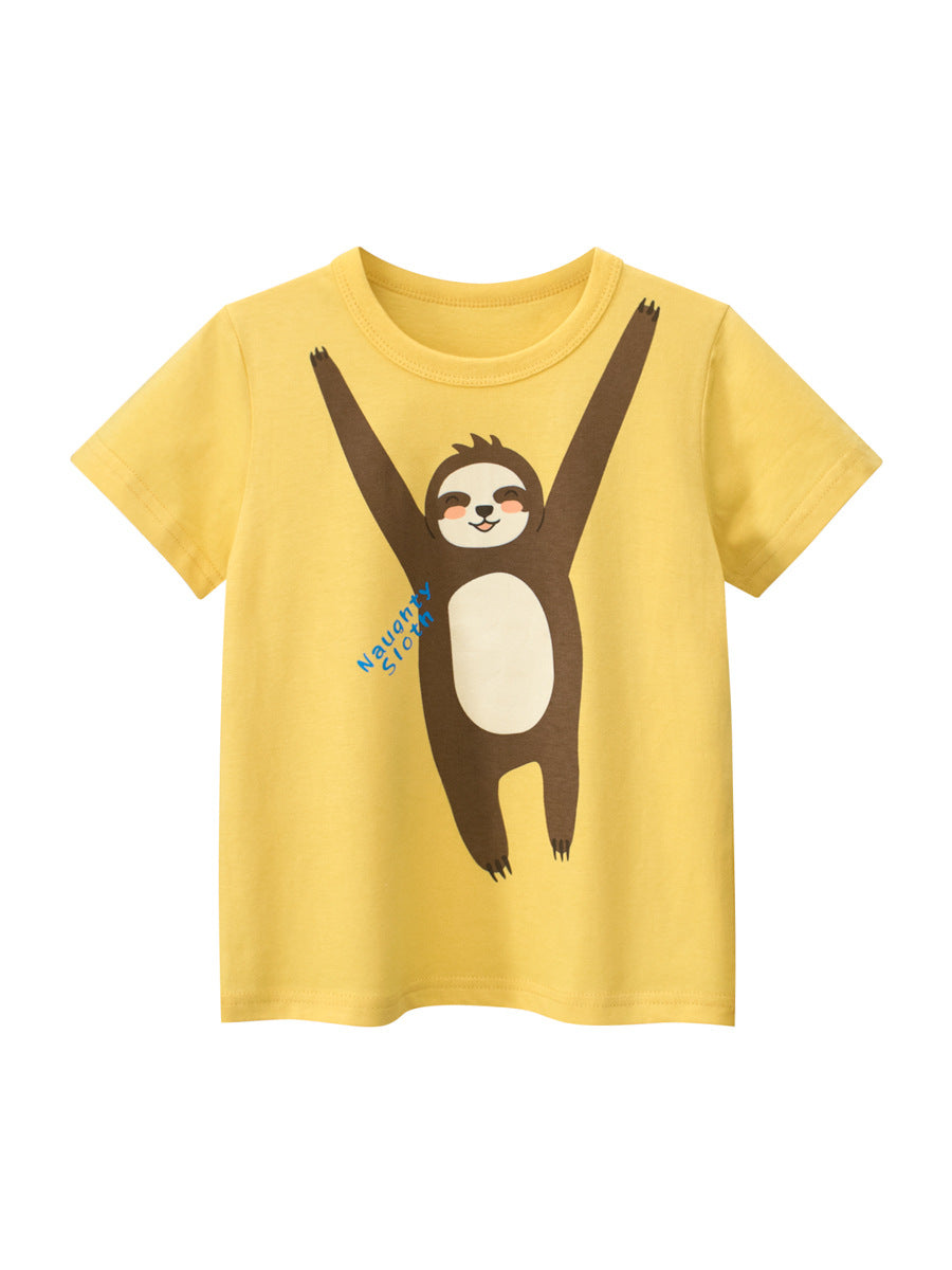 Boys’ yellow cotton t-shirt featuring a cartoon naughty monkey print, perfect for summer wear.