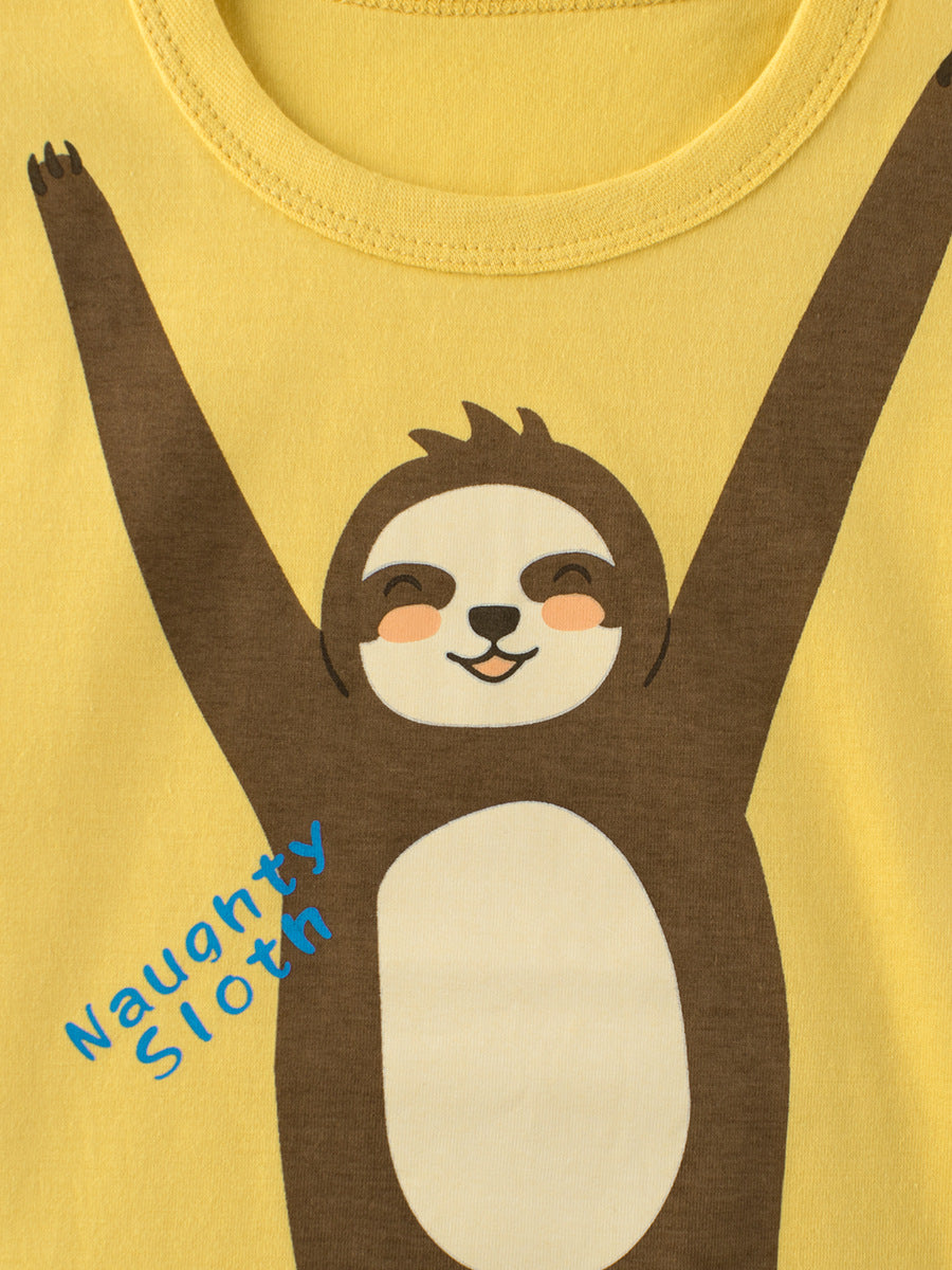 Boys’ yellow cotton t-shirt featuring a cartoon naughty monkey print, perfect for summer wear.