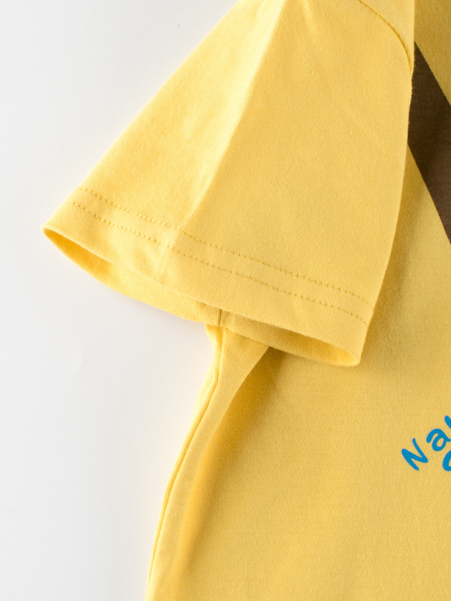 Boys’ yellow cotton t-shirt featuring a cartoon naughty monkey print, perfect for summer wear.